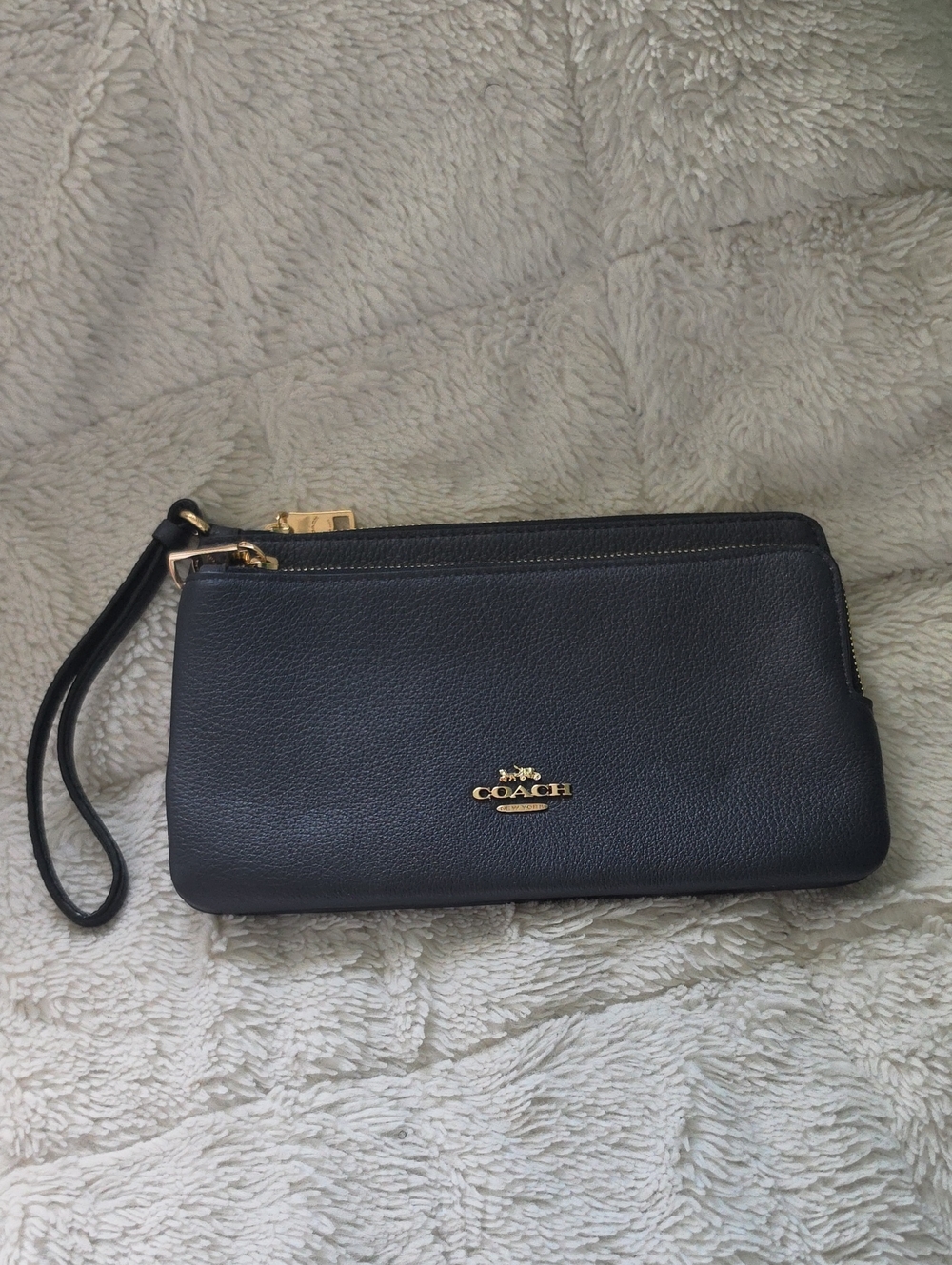Coach Black Pebbled Leather Wristlet with Gold Hardware